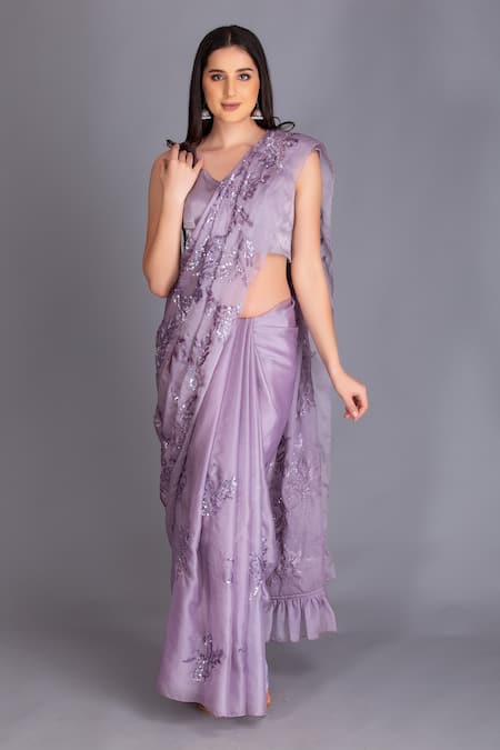 House Of Tushaom Purple Heavy And Organza Sequin U Neck Embroidered Saree With Blouse