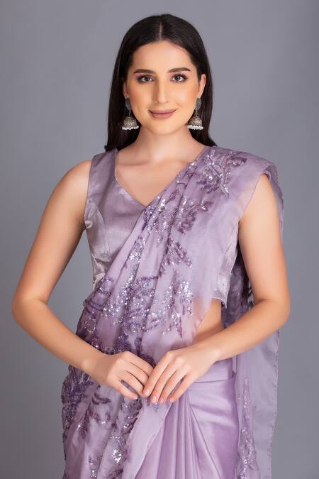 Buy House Of Tushaom Purple Heavy And Organza Sequin U Neck Embroidered Saree With Blouse Online at Aza Fashions Buy_House Of Tushaom_Purple Heavy And Organza Sequin U Neck Embroidered Saree With Blouse _Online_at_Aza_Fashions