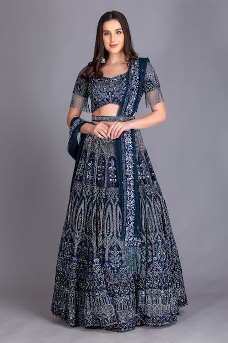 House Of Tushaom Blue Tulle Cutdana, Sequin, Nakshi And Applique Embroidered Bridal Lehenga Set