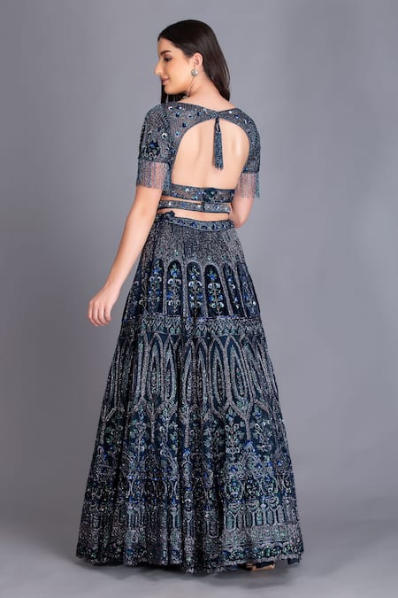 Shop House Of Tushaom Blue Tulle Cutdana, Sequin, Nakshi And Applique Embroidered Bridal Lehenga Set at Aza Fashions Shop_House Of Tushaom_Blue Tulle Cutdana, Sequin, Nakshi And Applique Embroidered Bridal Lehenga Set _at_Aza_Fashions