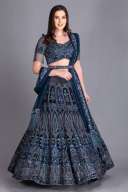 House Of Tushaom Blue Tulle Cutdana, Sequin, Nakshi And Applique Embroidered Bridal Lehenga Set Online at Aza Fashions House Of Tushaom_Blue Tulle Cutdana, Sequin, Nakshi And Applique Embroidered Bridal Lehenga Set _Online_at_Aza_Fashions
