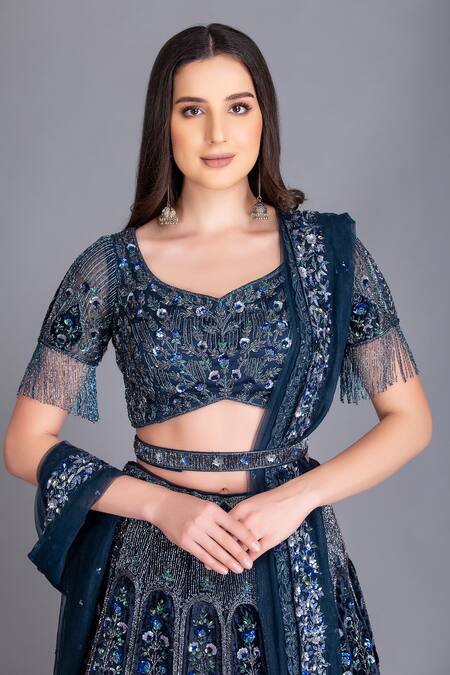Shop House Of Tushaom Blue Tulle Cutdana, Sequin, Nakshi And Applique Embroidered Bridal Lehenga Set Online at Aza Fashions Shop_House Of Tushaom_Blue Tulle Cutdana, Sequin, Nakshi And Applique Embroidered Bridal Lehenga Set _Online_at_Aza_Fashions