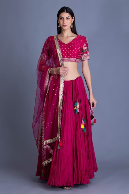 House Of Tushaom Pink Raw , Chanderi And Tulle Resham, Sequin & Crinkled Lehenga Set