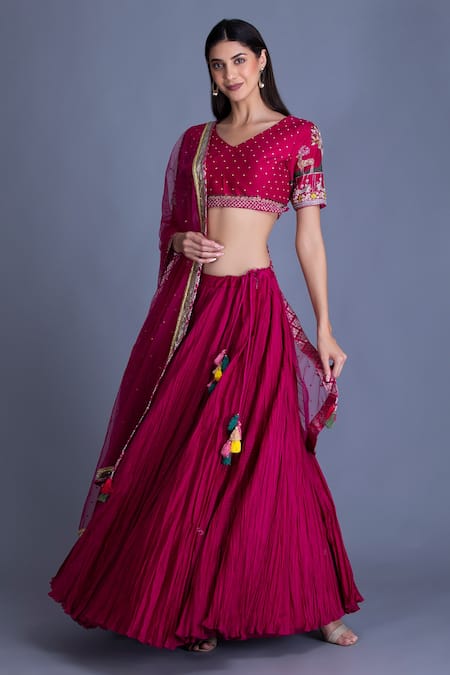 House Of Tushaom Pink Raw , Chanderi And Tulle Resham, Sequin & Crinkled Lehenga Set Online at Aza Fashions House Of Tushaom_Pink Raw , Chanderi And Tulle Resham, Sequin & Crinkled Lehenga Set _Online_at_Aza_Fashions