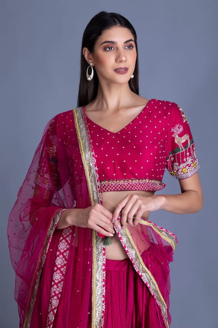 Shop House Of Tushaom Pink Raw , Chanderi And Tulle Resham, Sequin & Crinkled Lehenga Set Online at Aza Fashions Shop_House Of Tushaom_Pink Raw , Chanderi And Tulle Resham, Sequin & Crinkled Lehenga Set _Online_at_Aza_Fashions