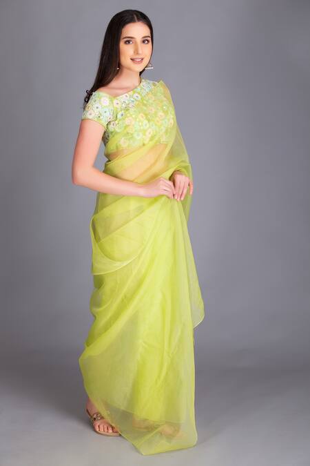 House Of Tushaom_Green Silk Organza Sequin And Mirror Sheer Saree With Embroidered Blouse _Online_at_Aza_Fashions