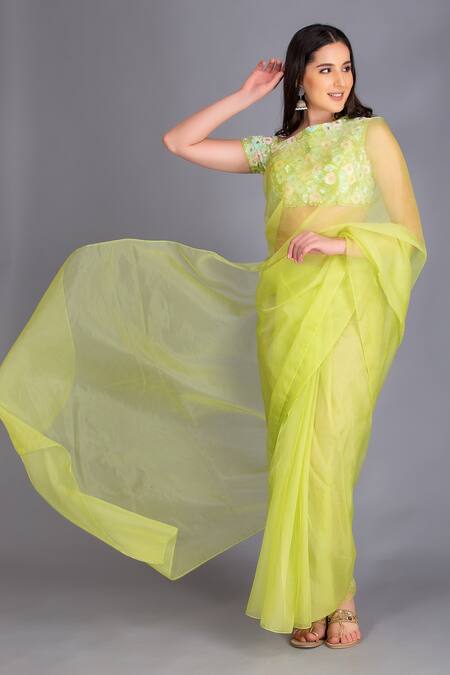 Buy_House Of Tushaom_Green Silk Organza Sequin And Mirror Sheer Saree With Embroidered Blouse _Online_at_Aza_Fashions