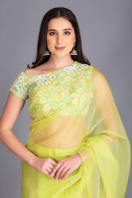 Shop_House Of Tushaom_Green Silk Organza Sequin And Mirror Sheer Saree With Embroidered Blouse _Online_at_Aza_Fashions