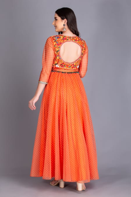 Shop House Of Tushaom Orange Silk Organza Print And Embroidery Bandhani Anarkali With Dupatta at Aza Fashions Shop_House Of Tushaom_Orange Silk Organza Print And Embroidery Bandhani Anarkali With Dupatta _at_Aza_Fashions