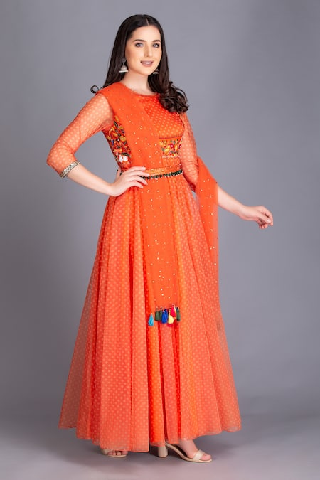 House Of Tushaom Orange Silk Organza Print And Embroidery Bandhani Anarkali With Dupatta Online at Aza Fashions House Of Tushaom_Orange Silk Organza Print And Embroidery Bandhani Anarkali With Dupatta _Online_at_Aza_Fashions