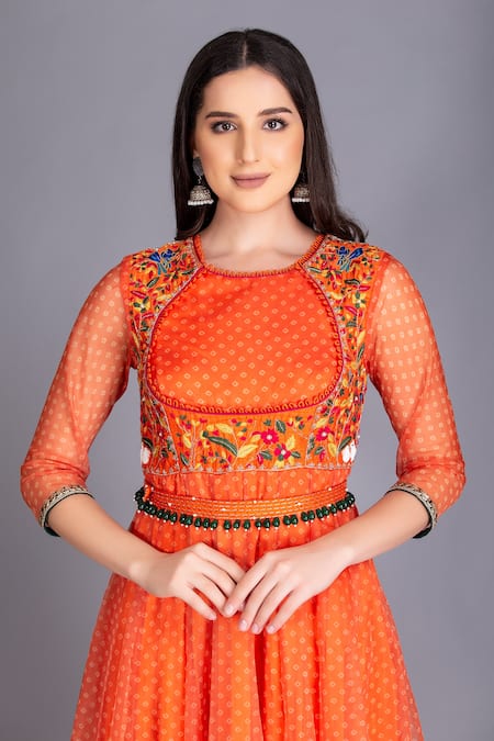 Buy House Of Tushaom Orange Silk Organza Print And Embroidery Bandhani Anarkali With Dupatta Online at Aza Fashions Buy_House Of Tushaom_Orange Silk Organza Print And Embroidery Bandhani Anarkali With Dupatta _Online_at_Aza_Fashions