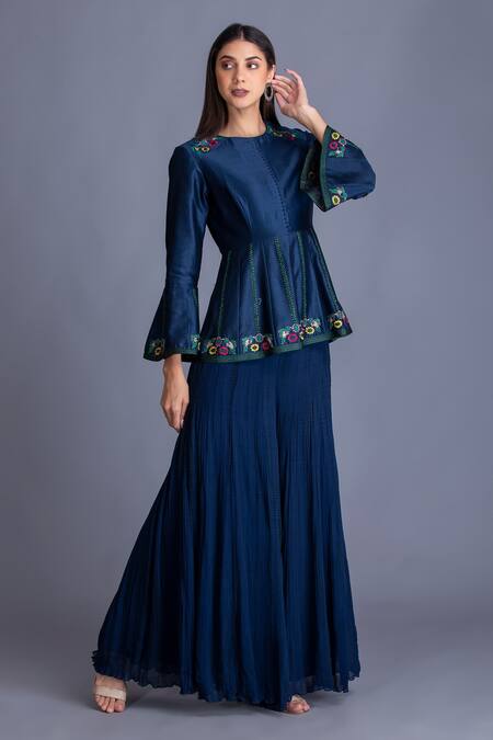 House Of Tushaom_Blue Chanderi Silk And Georgette Resham & Dabka Round Tunic & Palazzo Set _Online_at_Aza_Fashions