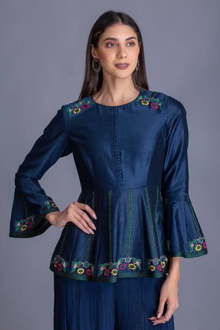Buy_House Of Tushaom_Blue Chanderi Silk And Georgette Resham & Dabka Round Tunic & Palazzo Set _Online_at_Aza_Fashions