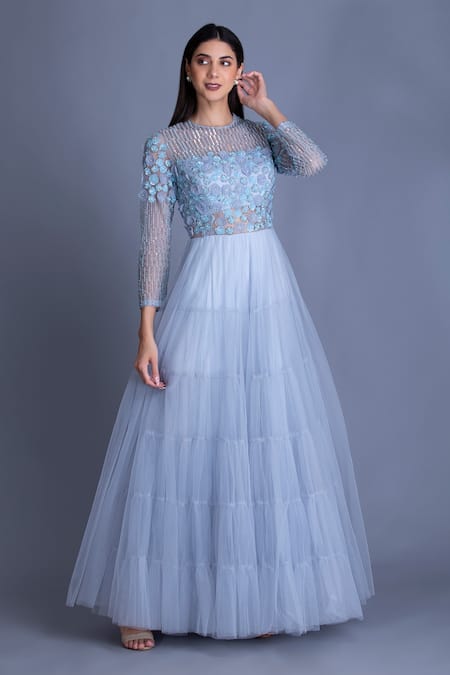 House Of Tushaom_Blue Tulle Cutdana And Thread, Sequin, Beads Round Layered Gown _Online_at_Aza_Fashions