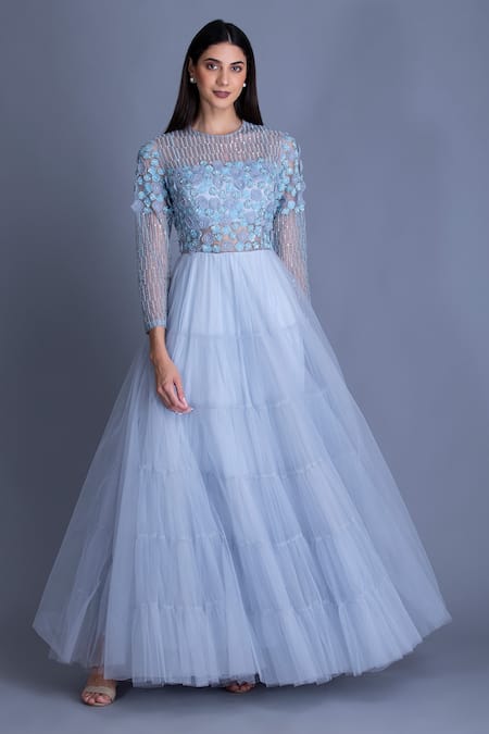 Buy_House Of Tushaom_Blue Tulle Cutdana And Thread, Sequin, Beads Round Layered Gown _Online_at_Aza_Fashions