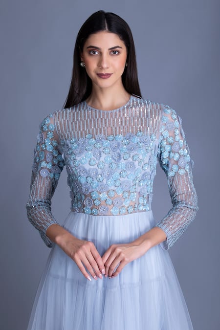 Shop_House Of Tushaom_Blue Tulle Cutdana And Thread, Sequin, Beads Round Layered Gown _Online_at_Aza_Fashions