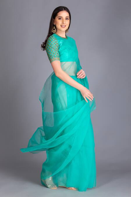House Of Tushaom_Green Organza And Raw Zardozi Round Sheer Saree With Embroidered Blouse _Online_at_Aza_Fashions