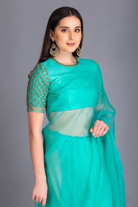 Buy_House Of Tushaom_Green Organza And Raw Zardozi Round Sheer Saree With Embroidered Blouse _Online_at_Aza_Fashions