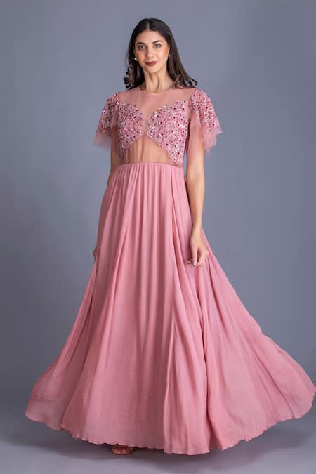 House Of Tushaom Pink Tulle And Crinkle Chiffon Beads & Cutdana, Sequin Embroidered Bodice Gown