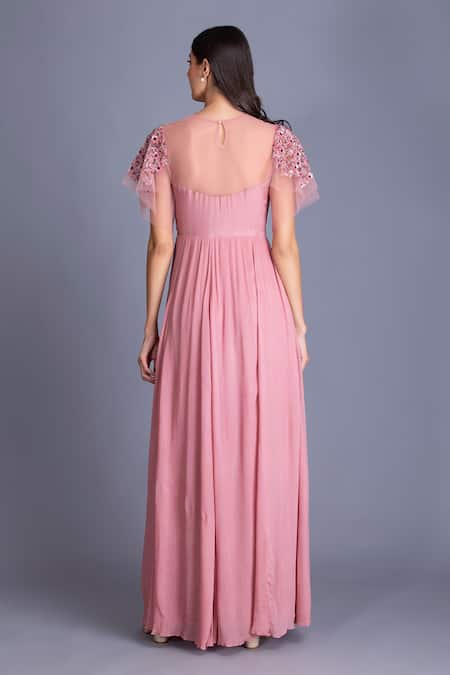 Shop House Of Tushaom Pink Tulle And Crinkle Chiffon Beads & Cutdana, Sequin Embroidered Bodice Gown at Aza Fashions Shop_House Of Tushaom_Pink Tulle And Crinkle Chiffon Beads & Cutdana, Sequin Embroidered Bodice Gown _at_Aza_Fashions