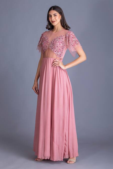 House Of Tushaom Pink Tulle And Crinkle Chiffon Beads & Cutdana, Sequin Embroidered Bodice Gown Online at Aza Fashions House Of Tushaom_Pink Tulle And Crinkle Chiffon Beads & Cutdana, Sequin Embroidered Bodice Gown _Online_at_Aza_Fashions