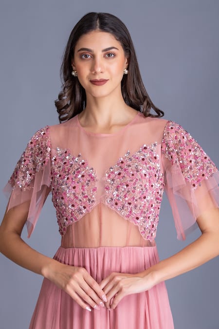 Shop House Of Tushaom Pink Tulle And Crinkle Chiffon Beads & Cutdana, Sequin Embroidered Bodice Gown Online at Aza Fashions Shop_House Of Tushaom_Pink Tulle And Crinkle Chiffon Beads & Cutdana, Sequin Embroidered Bodice Gown _Online_at_Aza_Fashions