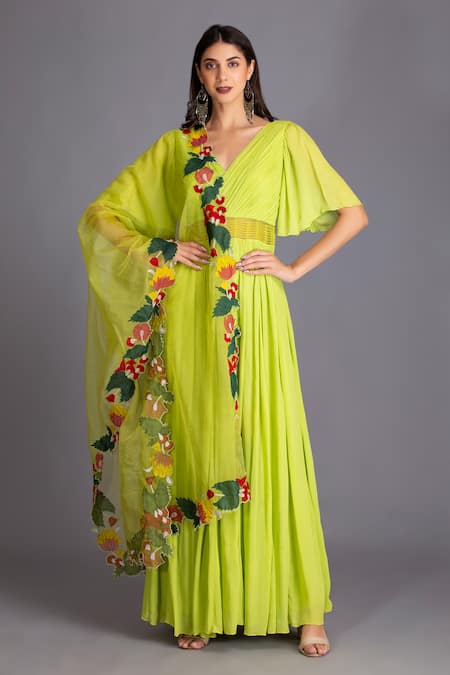 House Of Tushaom Green Crinkle Chiffon And Organza Applique Flared Sleeves Anarkali With Dupatta