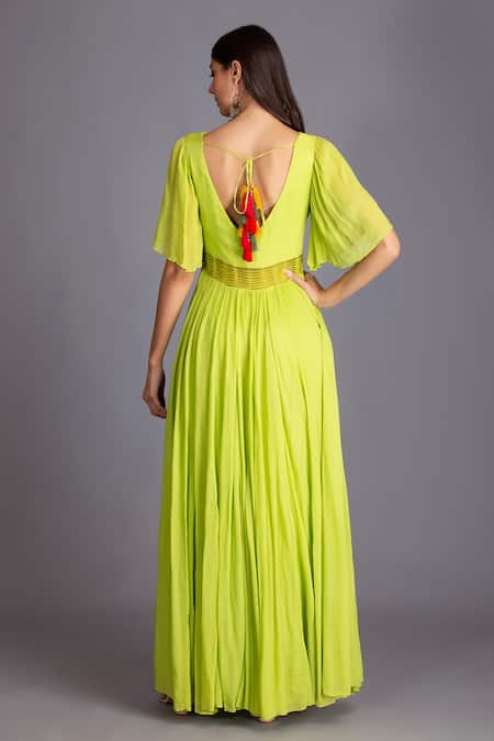 Shop House Of Tushaom Green Crinkle Chiffon And Organza Applique Flared Sleeves Anarkali With Dupatta at Aza Fashions Shop_House Of Tushaom_Green Crinkle Chiffon And Organza Applique Flared Sleeves Anarkali With Dupatta _at_Aza_Fashions