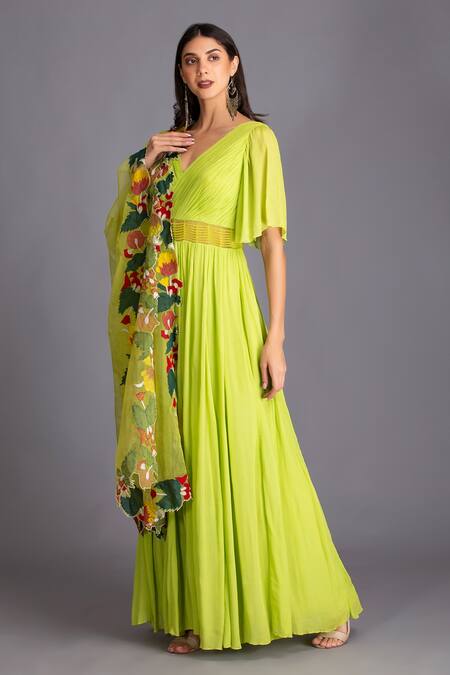 House Of Tushaom Green Crinkle Chiffon And Organza Applique Flared Sleeves Anarkali With Dupatta Online at Aza Fashions House Of Tushaom_Green Crinkle Chiffon And Organza Applique Flared Sleeves Anarkali With Dupatta _Online_at_Aza_Fashions