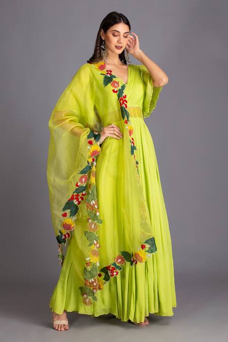 Buy House Of Tushaom Green Crinkle Chiffon And Organza Applique Flared Sleeves Anarkali With Dupatta Online at Aza Fashions Buy_House Of Tushaom_Green Crinkle Chiffon And Organza Applique Flared Sleeves Anarkali With Dupatta _Online_at_Aza_Fashions