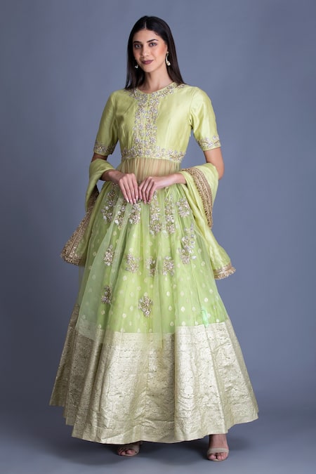 Buy SAAHMRIGA Women Pink, Green Embroidered Net Set Of 2 Kurta Palazzo Set  And Lehenga Dress Material Online at Best Prices in India - JioMart.