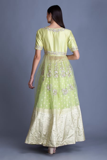 Shop House Of Tushaom Green Chanderi Silk And Tulle Bandhani Print & Cutdana Round Kurta Lehenga Set at Aza Fashions Shop_House Of Tushaom_Green Chanderi Silk And Tulle Bandhani Print & Cutdana Round Kurta Lehenga Set _at_Aza_Fashions