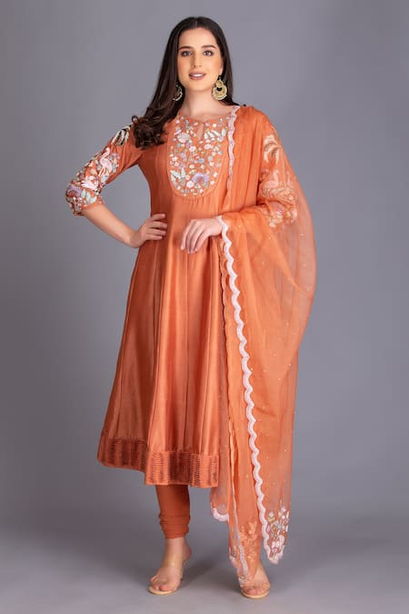 House Of Tushaom Orange Chanderi And Organza Embroidery Sequin & Anarkali Set