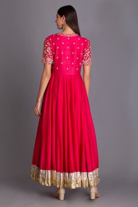 Shop House Of Tushaom Pink Chanderi Silk And Tulle Embroidery Sequin Anarkali With Dupatta at Aza Fashions Shop_House Of Tushaom_Pink Chanderi Silk And Tulle Embroidery Sequin Anarkali With Dupatta _at_Aza_Fashions