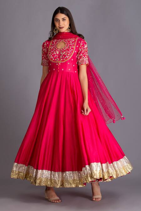 House Of Tushaom Pink Chanderi Silk And Tulle Embroidery Sequin Anarkali With Dupatta Online at Aza Fashions House Of Tushaom_Pink Chanderi Silk And Tulle Embroidery Sequin Anarkali With Dupatta _Online_at_Aza_Fashions