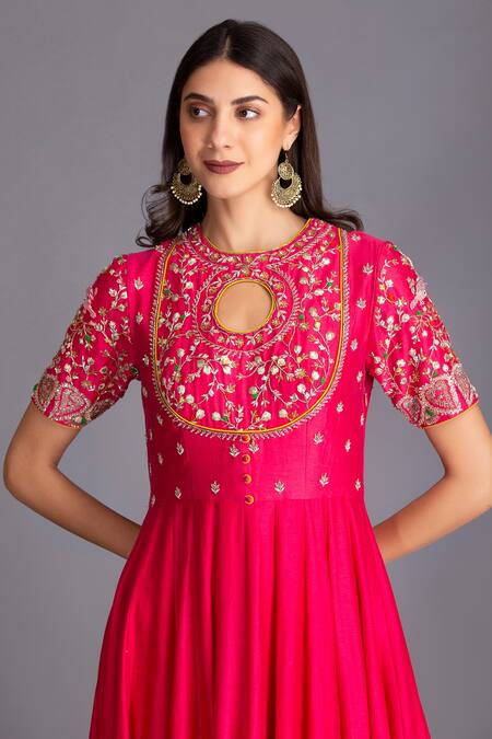 Shop House Of Tushaom Pink Chanderi Silk And Tulle Embroidery Sequin Anarkali With Dupatta Online at Aza Fashions Shop_House Of Tushaom_Pink Chanderi Silk And Tulle Embroidery Sequin Anarkali With Dupatta _Online_at_Aza_Fashions