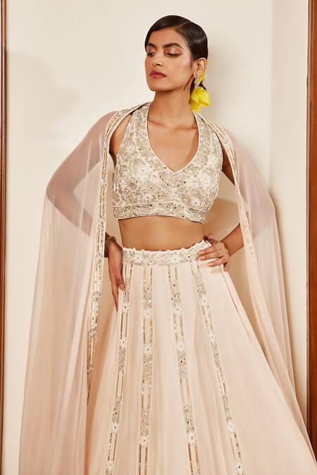 Shop_Awigna_Ivory Blouse, Dupatta- Net, Skirt- Georgette Serai Embroidered Lehenga Set_Online_at_Aza_Fashions