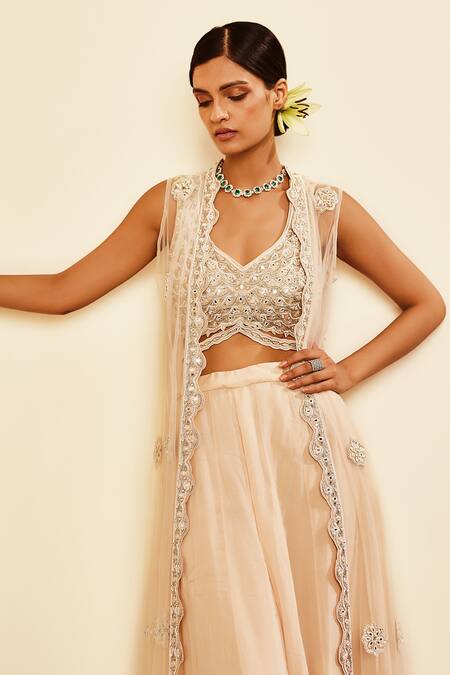 Shop_Awigna_Ivory Blouse, Cape- Net With Crepe Lining, Palazzo- Aria Embroidered And Set_Online_at_Aza_Fashions