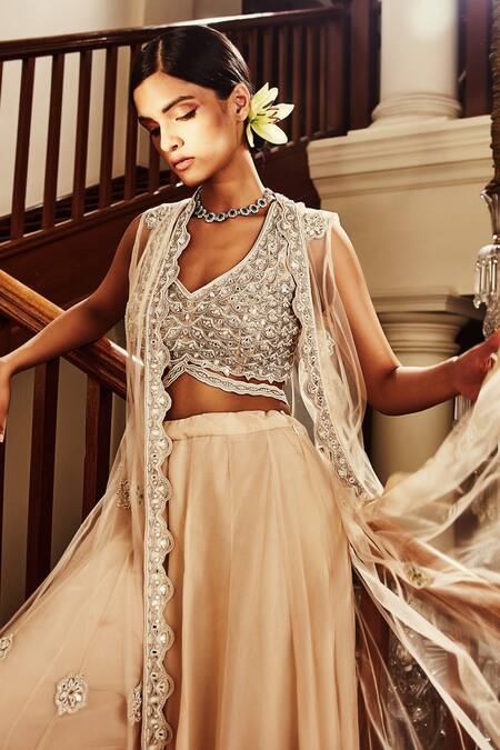 Awigna_Ivory Blouse, Cape- Net With Crepe Lining, Palazzo- Aria Embroidered And Set_at_Aza_Fashions