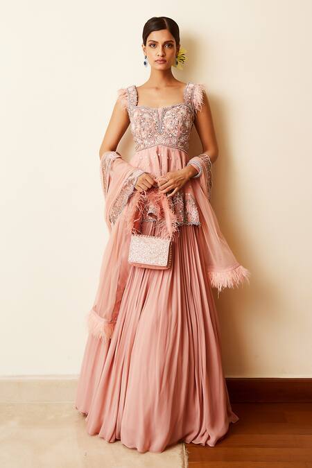 Awigna_Purple Crepe Lining, Dupatta- Net, Peplum- Organza, Bahaar Pleated Lehenga Set_Online_at_Aza_Fashions