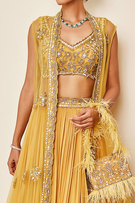 Awigna_Yellow Blouse, Cape- Net With Crepe Lining, Zahara Embroidered Lehenga Set_Online_at_Aza_Fashions