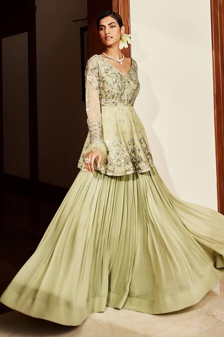 Awigna_Green Crepe Lining, Dupatta- Net, Peplum- Organza, Liana Pleated Lehenga Set_Online_at_Aza_Fashions