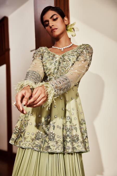Buy_Awigna_Green Crepe Lining, Dupatta- Net, Peplum- Organza, Liana Pleated Lehenga Set_Online_at_Aza_Fashions