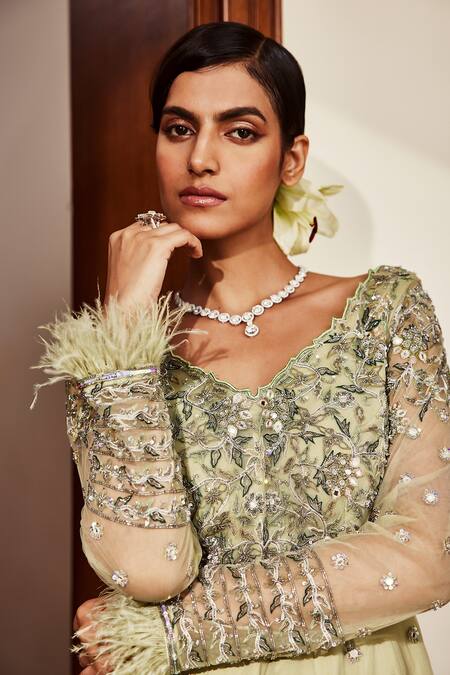 Awigna_Green Crepe Lining, Dupatta- Net, Peplum- Organza, Liana Pleated Lehenga Set_at_Aza_Fashions