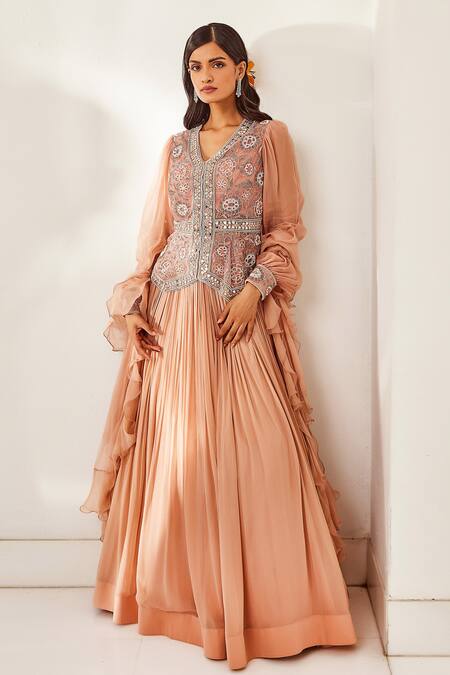 Awigna_Peach Blouse - , Dupatta- And Aarna Embroidered Jacket & Lehenga Set_Online_at_Aza_Fashions