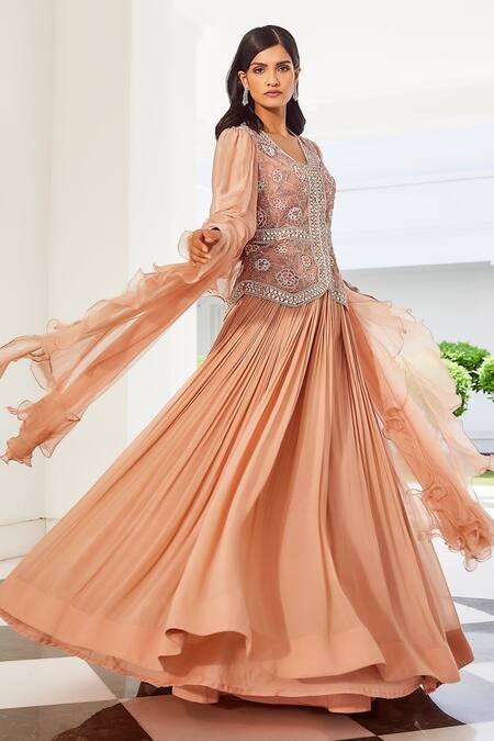 Buy_Awigna_Peach Blouse - , Dupatta- And Aarna Embroidered Jacket & Lehenga Set_Online_at_Aza_Fashions