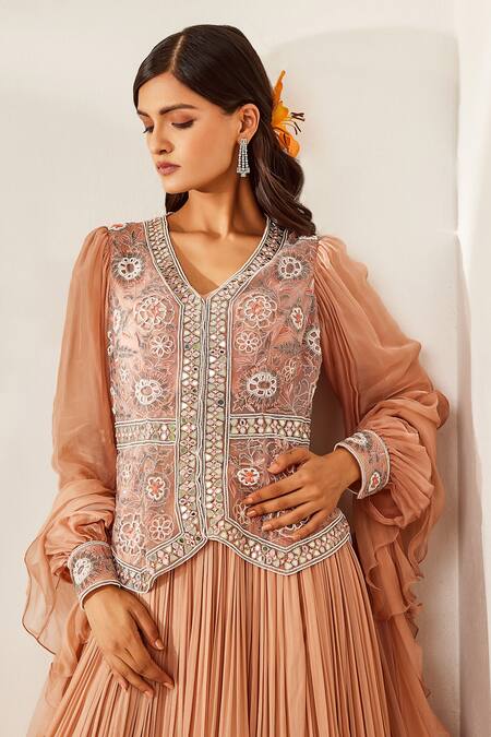 Shop_Awigna_Peach Blouse - , Dupatta- And Aarna Embroidered Jacket & Lehenga Set_Online_at_Aza_Fashions