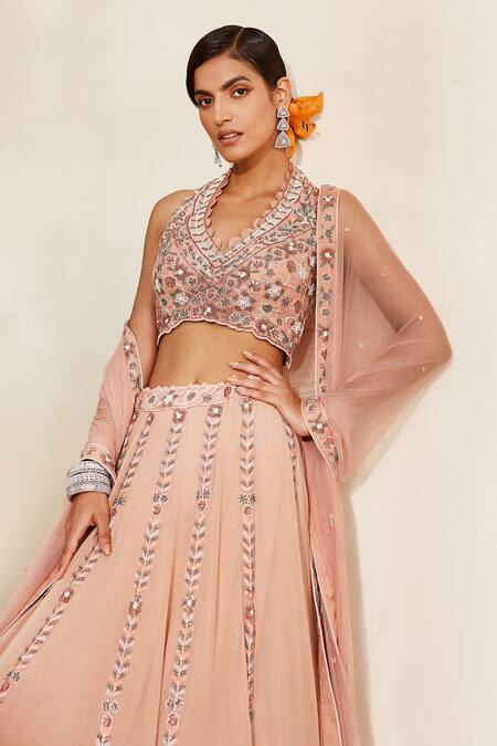 Shop Awigna Peach Blouse-organza, Dupatta -net, Skirt-georgette Heer Embroidered Lehenga Set Online at Aza Fashions Shop_Awigna_Peach Blouse-organza, Dupatta -net, Skirt-georgette Heer Embroidered Lehenga Set_Online_at_Aza_Fashions