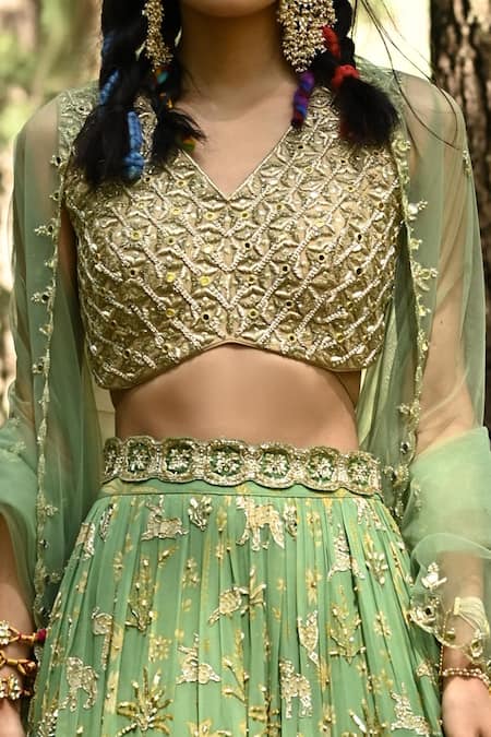 Paulmi And Harsh Green Blouse Crepe And Dupatta Tissue, Lehenga Georgette Sequins, Dabka Set Online at Aza Fashions Paulmi And Harsh_Green Blouse Crepe And Dupatta Tissue, Lehenga Georgette Sequins, Dabka Set _Online_at_Aza_Fashions