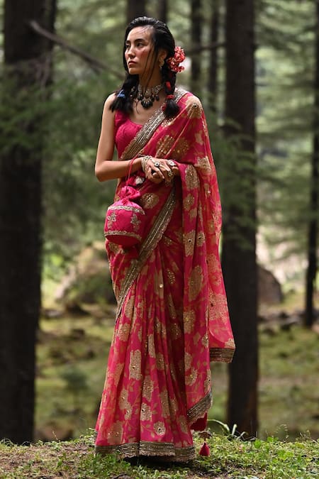 Paulmi and Harsh Pink Saree Georgette Printed Rose Motifs Scoop Neck With Blouse  